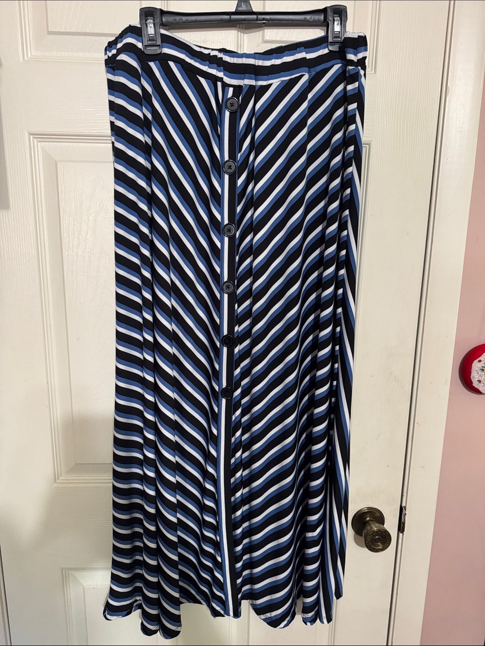 Robert Louis Striped Button-Front Maxi Skirt in Blue, Black & White